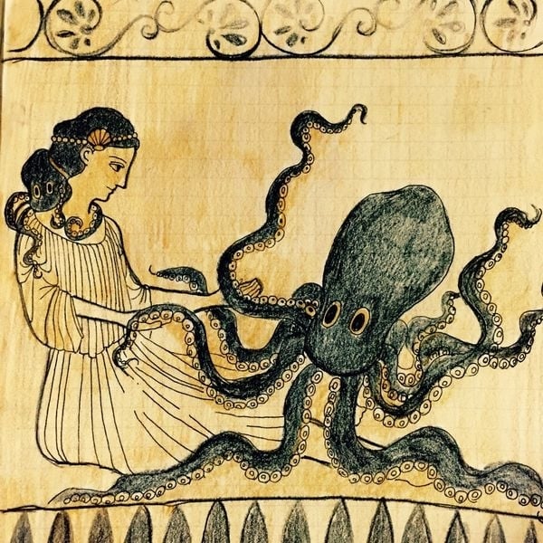 Greek drawing with a woman and octopus