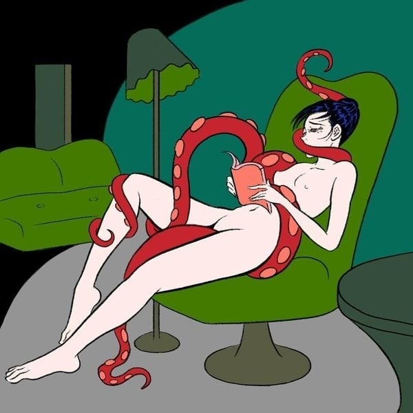 A girl reading a novel while tentacles are hugging her