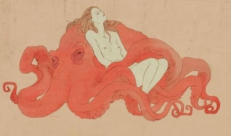 adolescent nude female lying on a red octopus