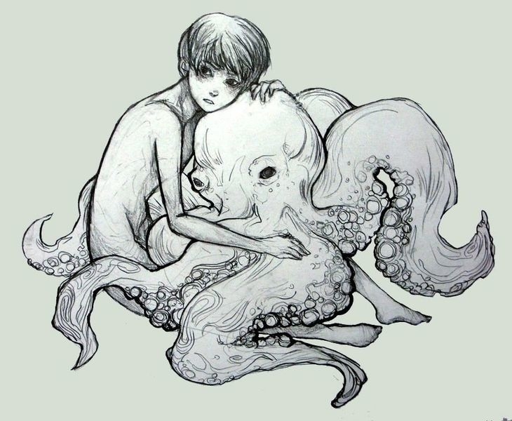 Naked young boy embracing an octopus