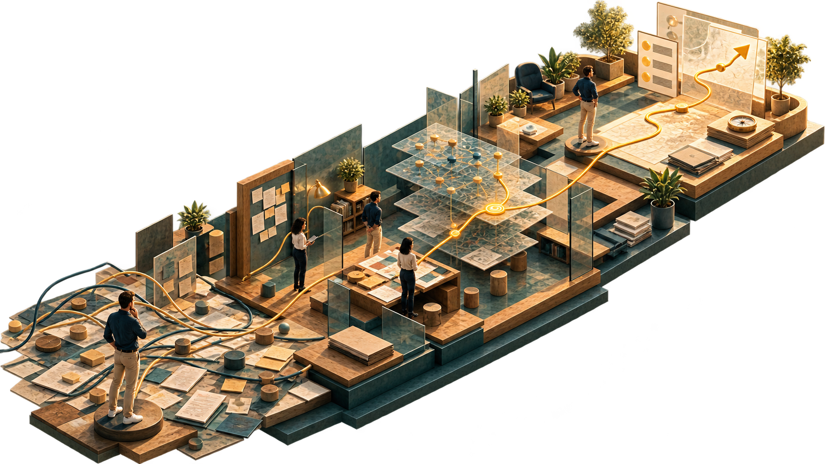 Architecturale systeemillustratie van Afbakenen, Onderzoeken, Duiden en Terugkoppelen.