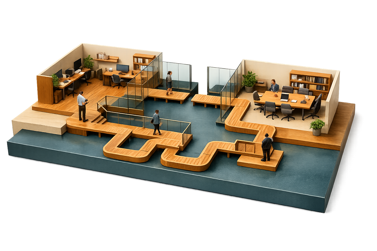Top-down systeemmaquette met onlogische en onderbroken routes tussen twee werkgebieden.