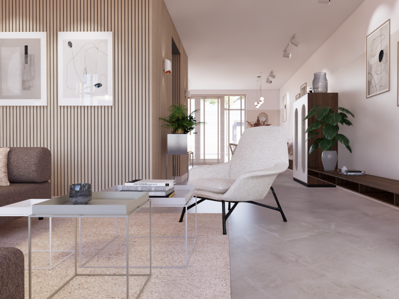 Enscape render van een japandi woonkamer