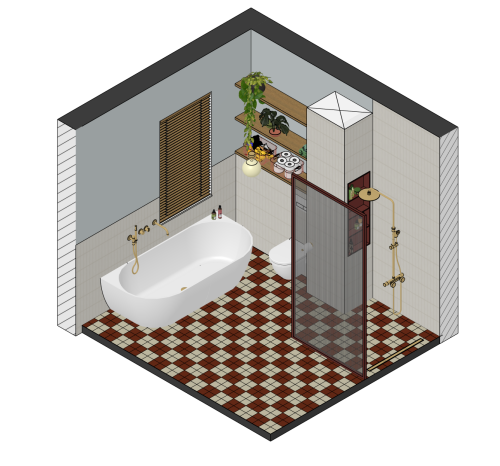 Isometrie van een badkamer getekend met SketchUp