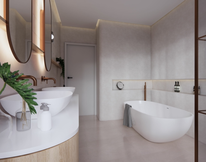 Japandi badkamer getekend in SketchUp en gerenderd met Enscape