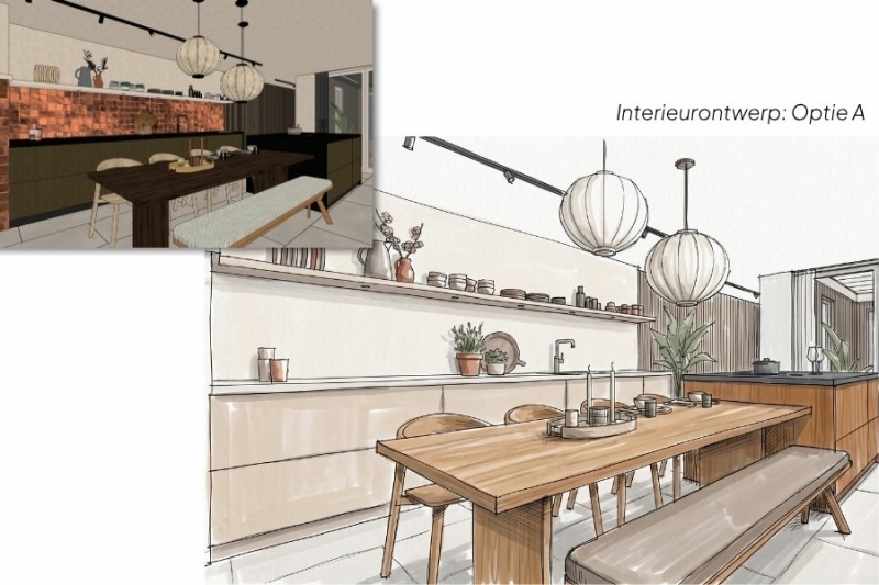 SketchUp tekening met keuken naar schets met AI