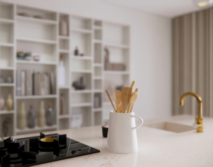 Lichte keuken ingezoomd op het werkbald - SketchUp en Enscape
