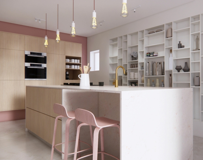 Keuken ontwerp in lichte kleuren getekend met SketchUp en gerenderd met Enscape
