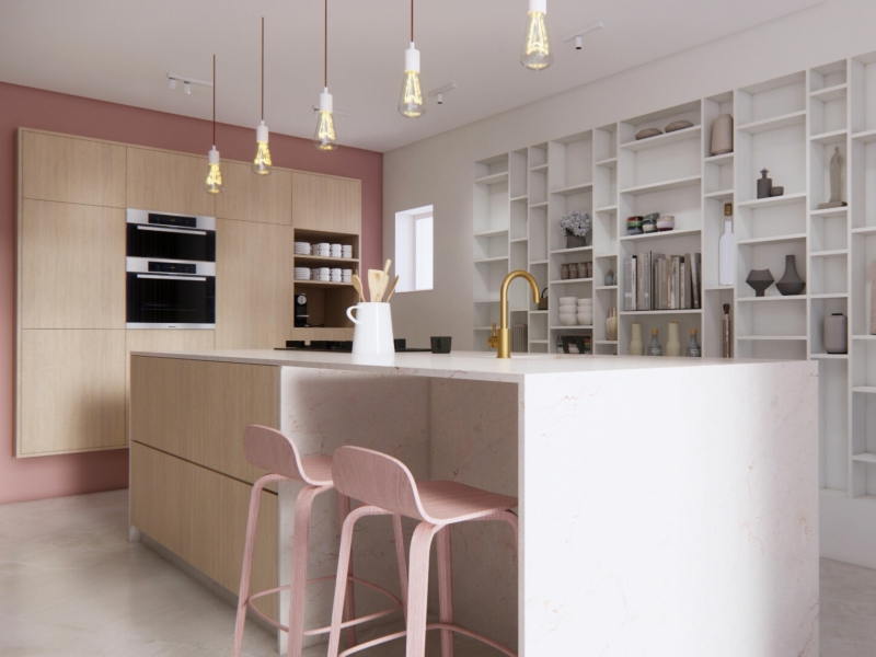 Keuken ontwerp in lichte kleuren getekend met SketchUp en gerenderd met Enscape