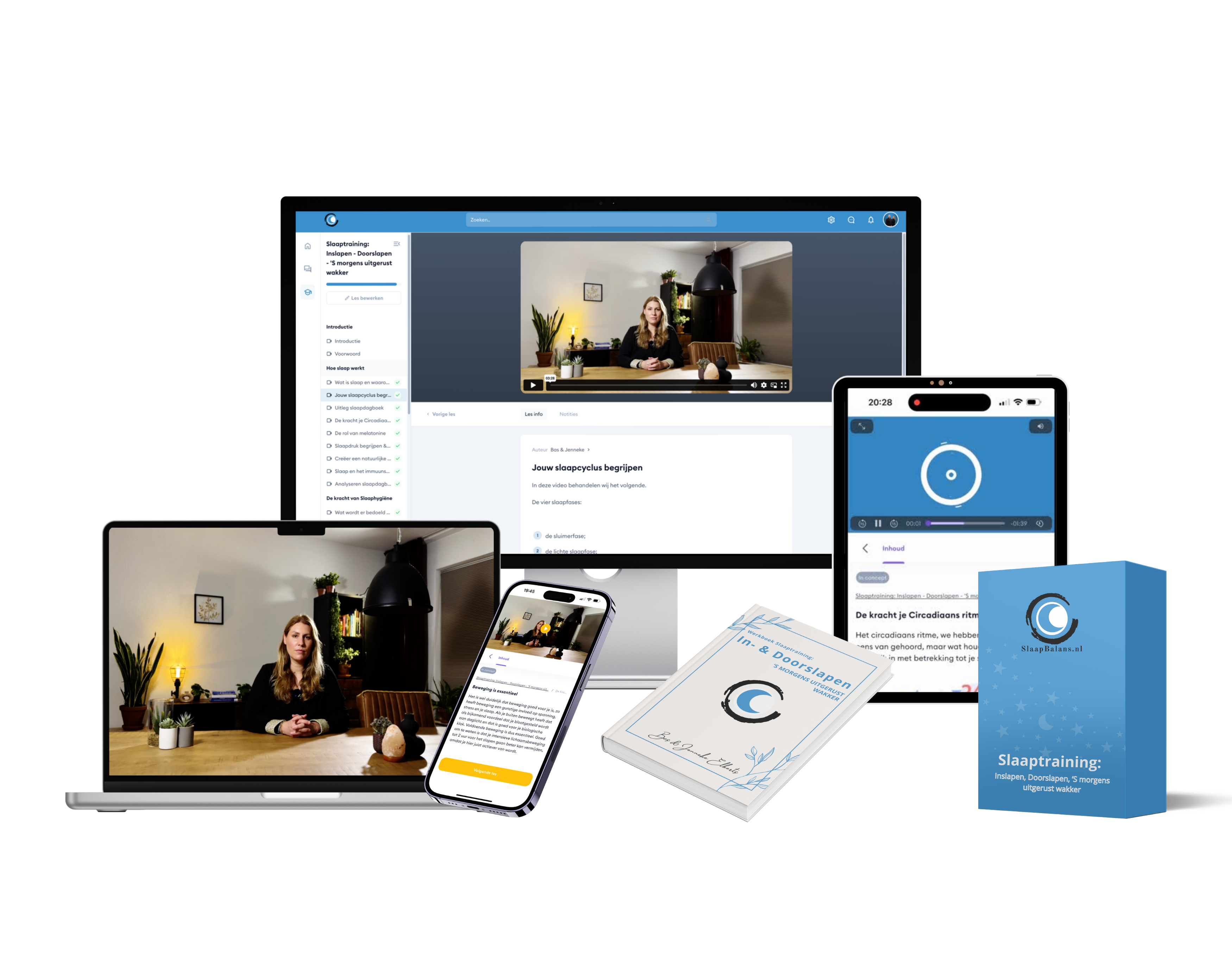 Slaaptraining-SlaapBalans Mockup van de online slaaptraining op een tablet, telefoon, laptop en computer inclusief werkboek