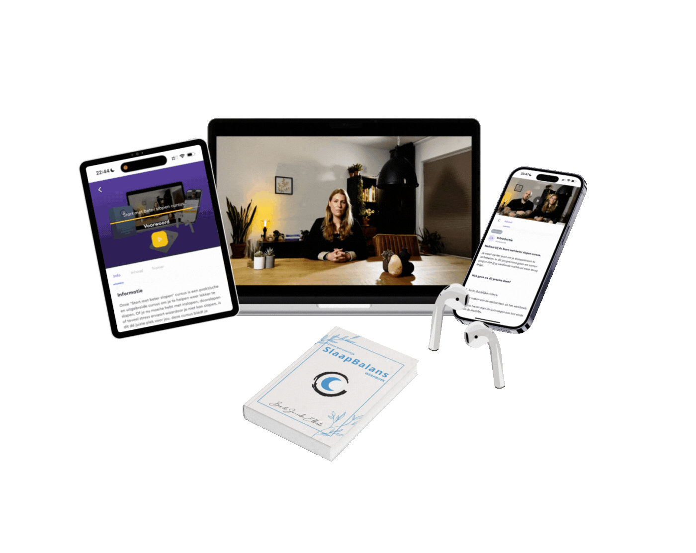 Mockup van de Start met Beter Slapen cursus op een laptop, telefoon en tablet inclusief werkboek