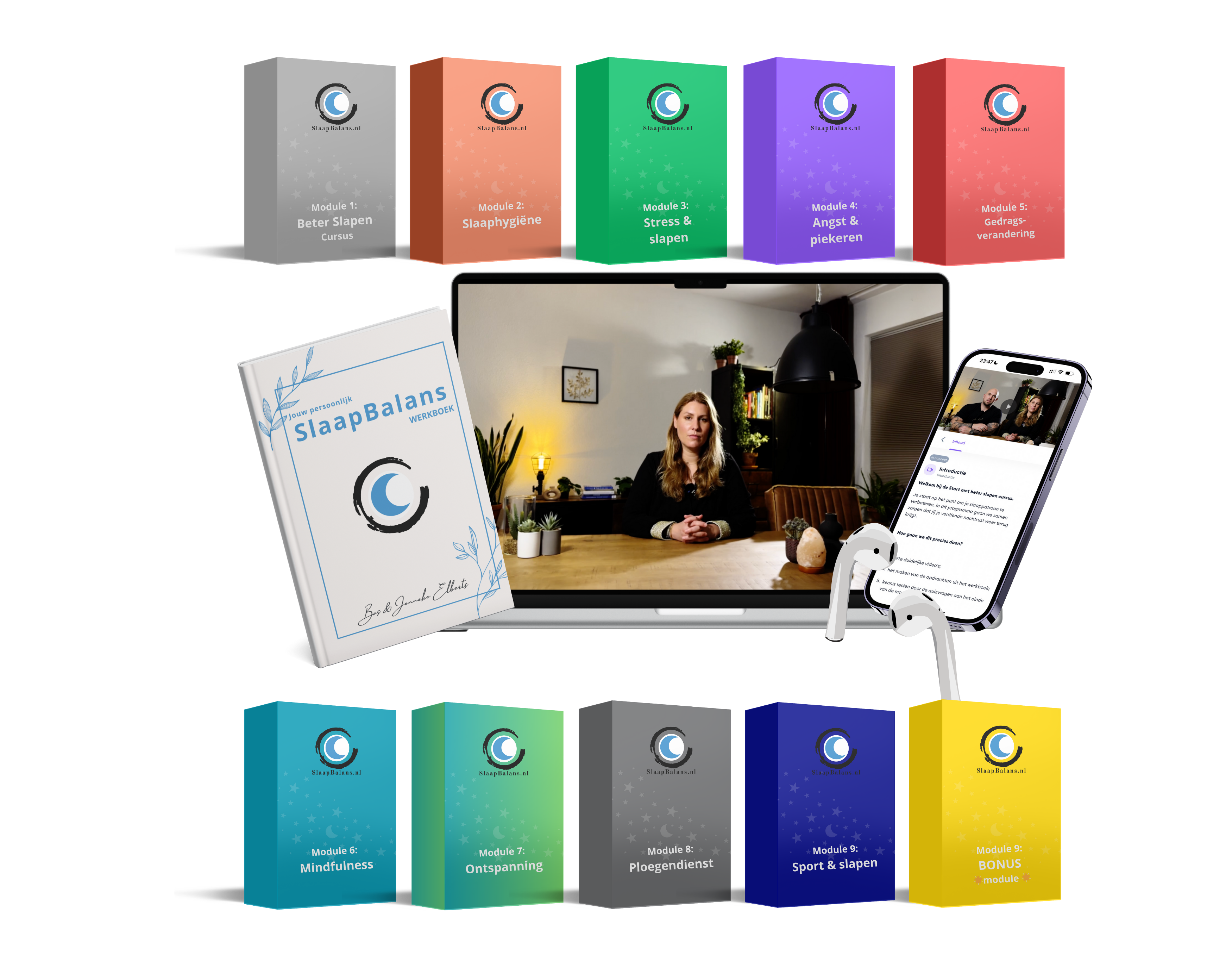 Start-met-beter-slapen-cursus mockup van de online start met beter slapen cursus op een laptop en telefoon inclusief werkboek