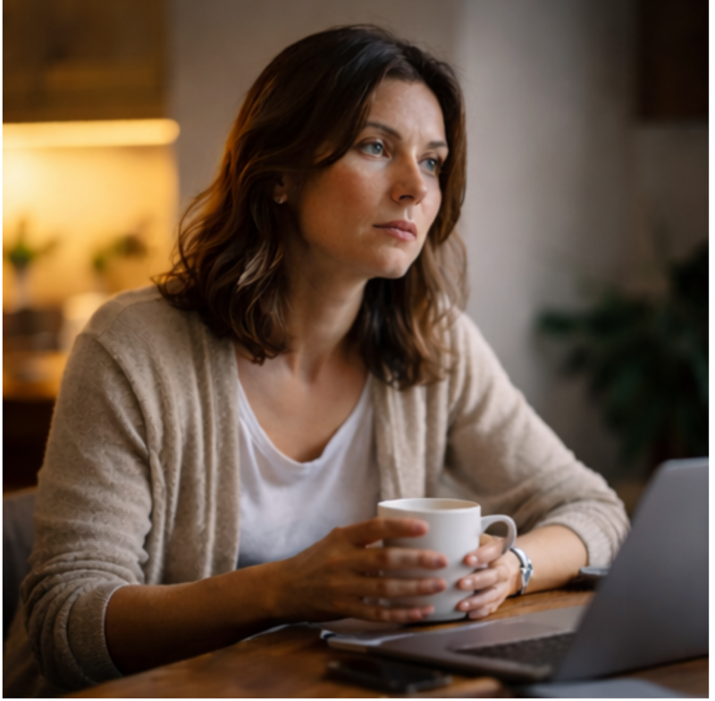 functioneren-zonder-herstel-bij-chronische-vermoeidheid Vermoeide volwassen vrouw zit ’s ochtends met een kop koffie en functioneert nog, maar voelt dat herstel uitblijft