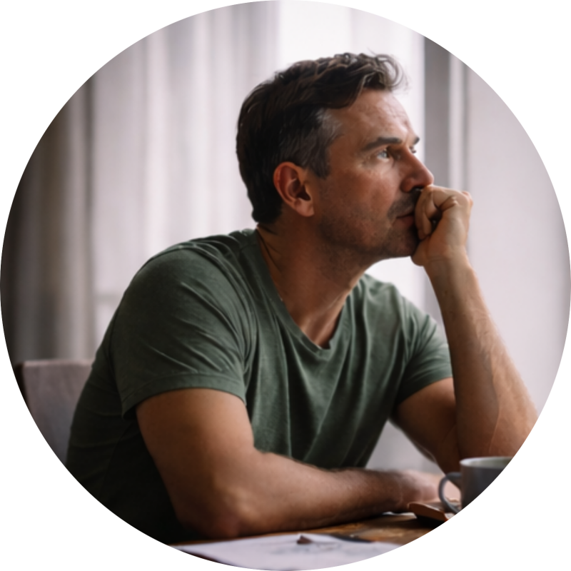 het-grijze-gebied-van-uitputting-dat-van-buiten-onzichtbaar-blijft Volwassen man zit alleen aan tafel in stilte terwijl ze zich leeg voelt ondanks dat ze alles blijft doen