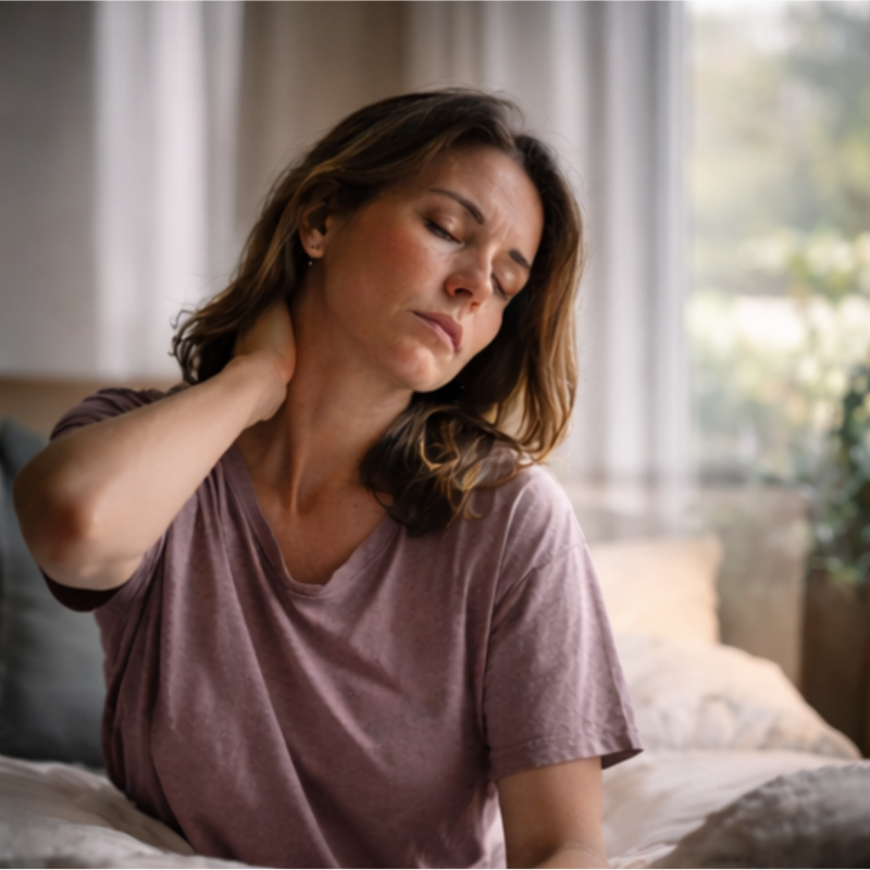 lichaam-blijft-aan-staan-bij-langdurige-overbelasting Volwassen persoon zit stil met gesloten ogen terwijl het lichaam zichtbaar gespannen blijft ondanks rust