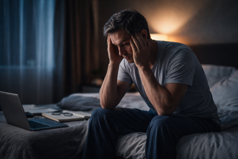 Man wakker op puntje van het bed met laptop