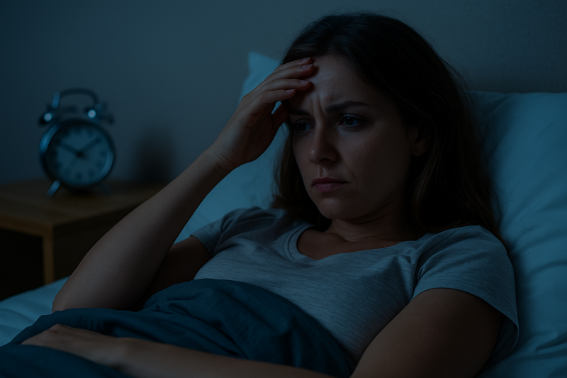 Vrouw ligt wakker in de nacht in gedachten