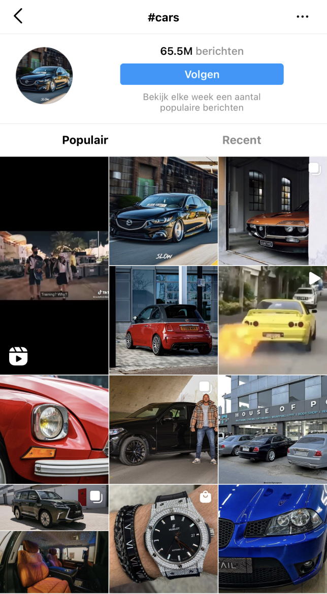 Instagram zoekactie hashtag cars