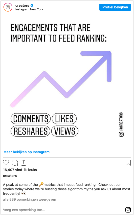 Instagram post van Instaram over belangrijke engagements