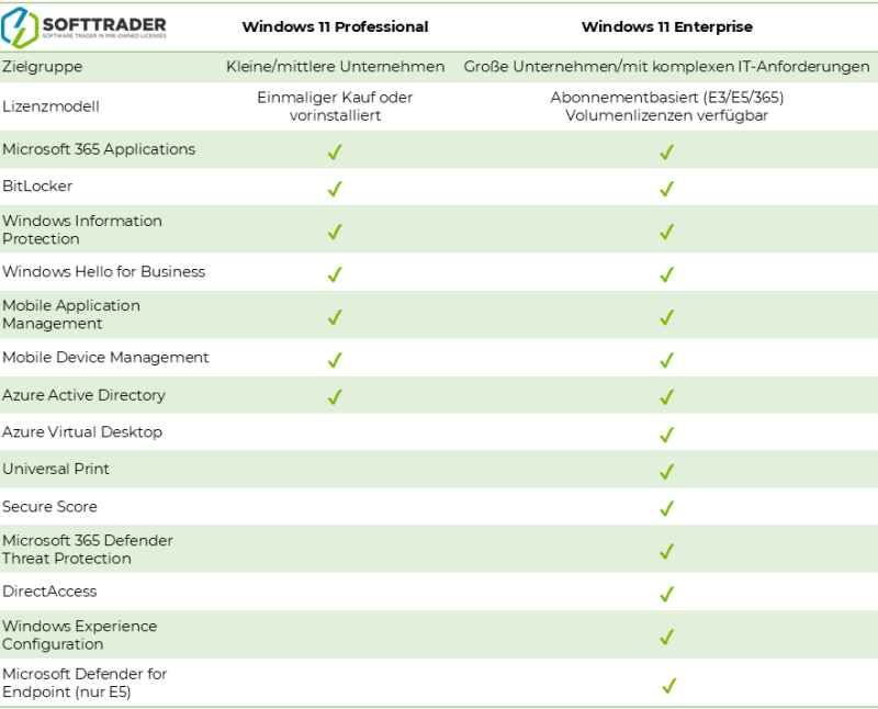 table windows 11 PRO vs Entreprise comparative table for windows 11 professional  and enterprise