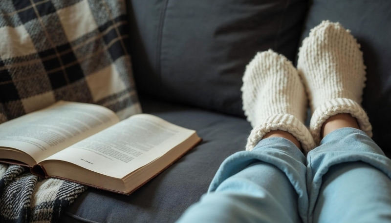 Even landen met een boek Voeten in warme gebreide sokken op de zetel, naast een open boek en een geruite plaid.