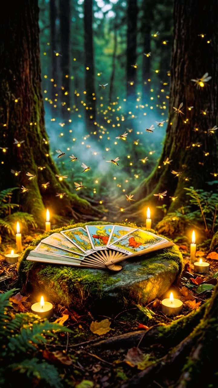 Een zes-kaarten Sranang Tarot legging in de natuur met posities voor verleden, heden, toekomst, advies, obstakel en uitkomst