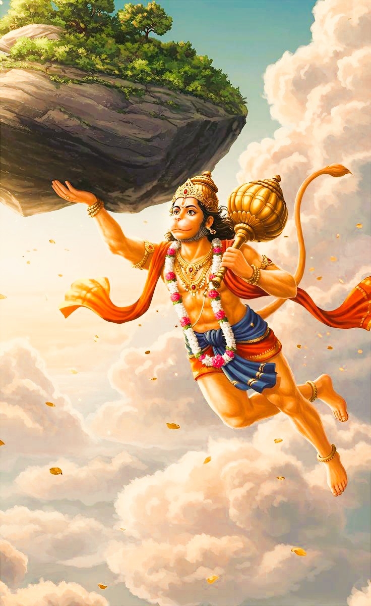 Hanuman draagt de berg Dronagiri met geneeskruiden naar het slagveld
