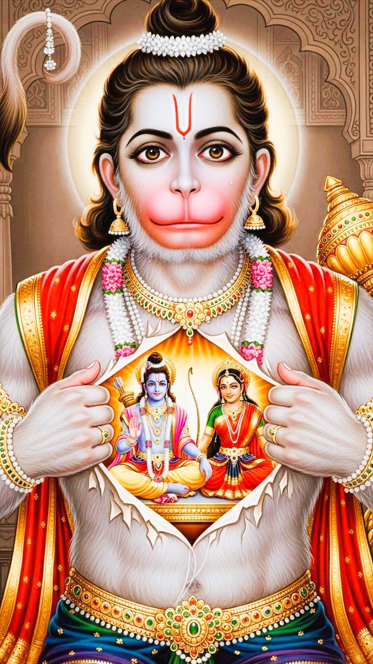 Hanuman scheurt zijn borst open en toont Rama en Sita die in zijn hart wonen