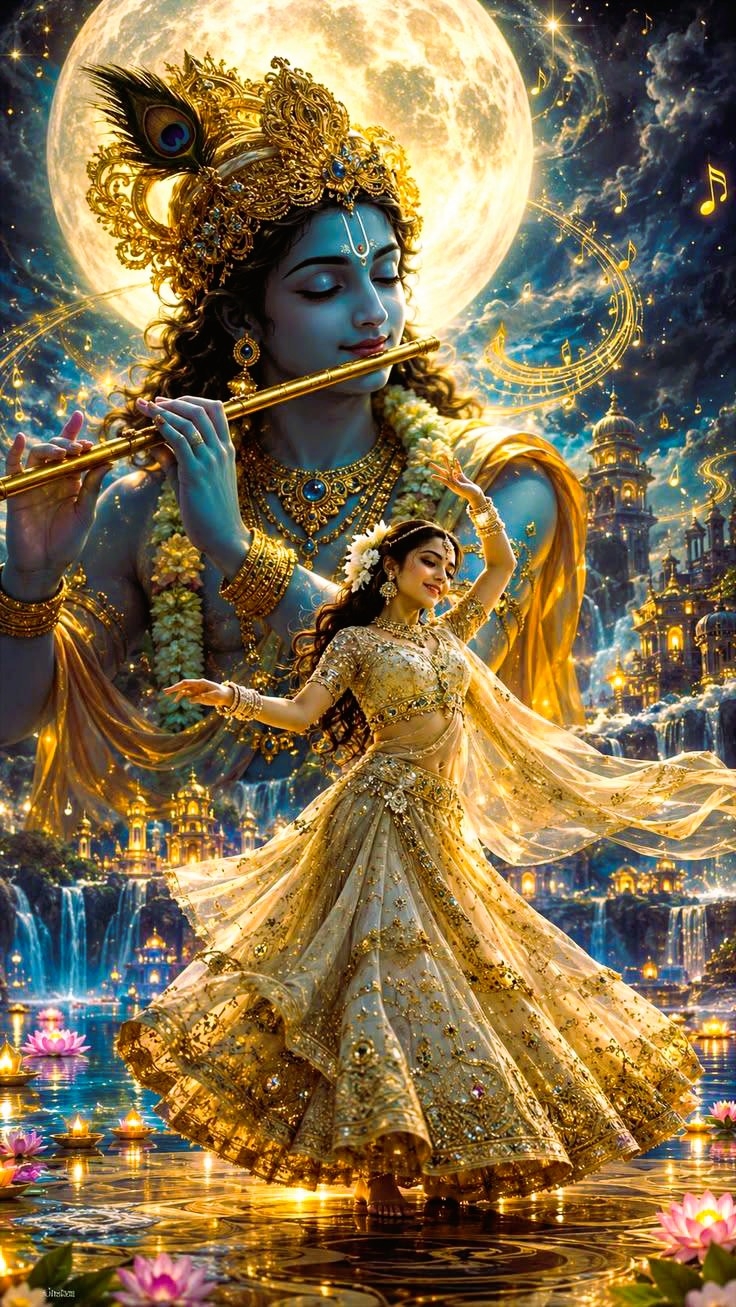 Krishna achtste avatar van Vishnu met fluit en Radha spreker van de Bhagavad Gita