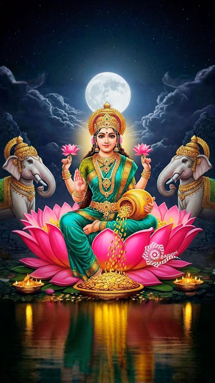 Lakshmi op een lotusbloem - hindoe godin met goud en symboliek van overvloed