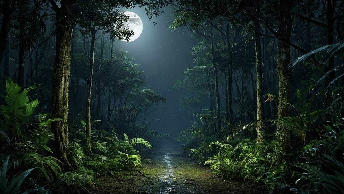 Nachtelijk bos in maanlicht - typische locatie waar Yorka Berie wordt waargenomen