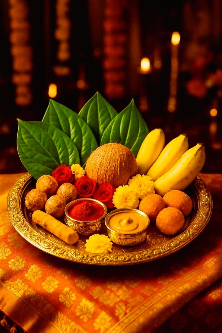Puja-offer met banaan en bloemen voor Hanuman