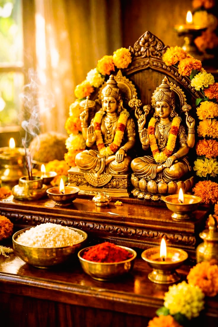 Eenvoudige puja-opstelling met ghee-lampje, bloemen en Hanuman-afbeelding