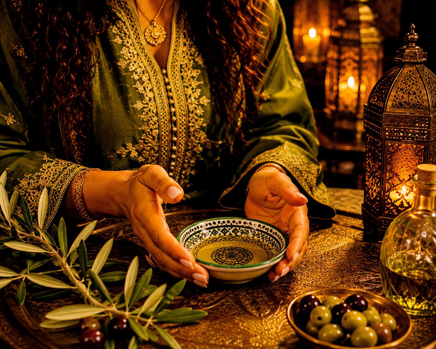 Rachida Kacimi met een kommetje olijfolie - traditioneel gebruik binnen Marokkaanse tradities