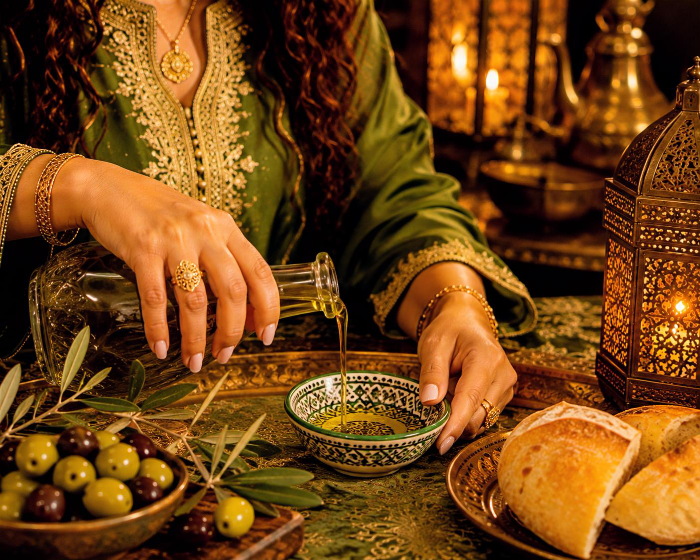 Rachida Kacimi schenkt Marokkaanse olijfolie in - onderdeel van dagelijkse rituele momenten binnen Marokkaanse tradities