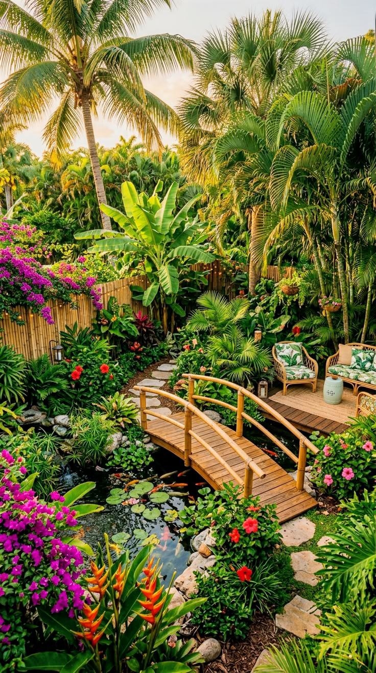 Tropische tuin in Suriname als plek voor djodjo-paiman op de pranasi geboortegrond