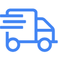 Snelle levering pictogram van een witte vrachtwagen met blauwe contouren en drie blauwe snelheidsstrepen