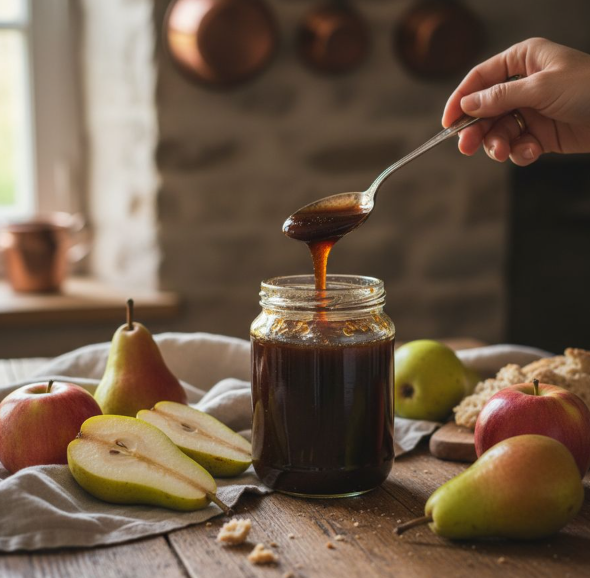 Een pot ambachtelijke Luikse siroop met peren op een houten tafel.