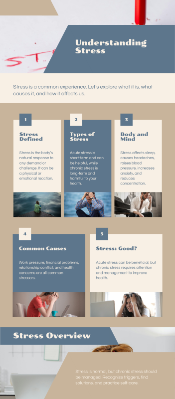 Infographic explaining stress definition, types, symptoms, and causes from stressinsight.com