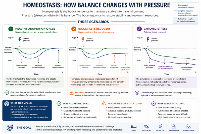 Three different scenarios of how homeostasis changes with pressure and stress