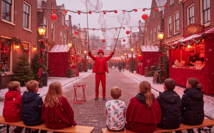 Zeepbellen straat act op winterfestival