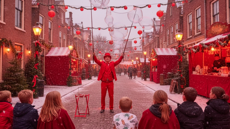 Zeepbellen straat act op winterfestival