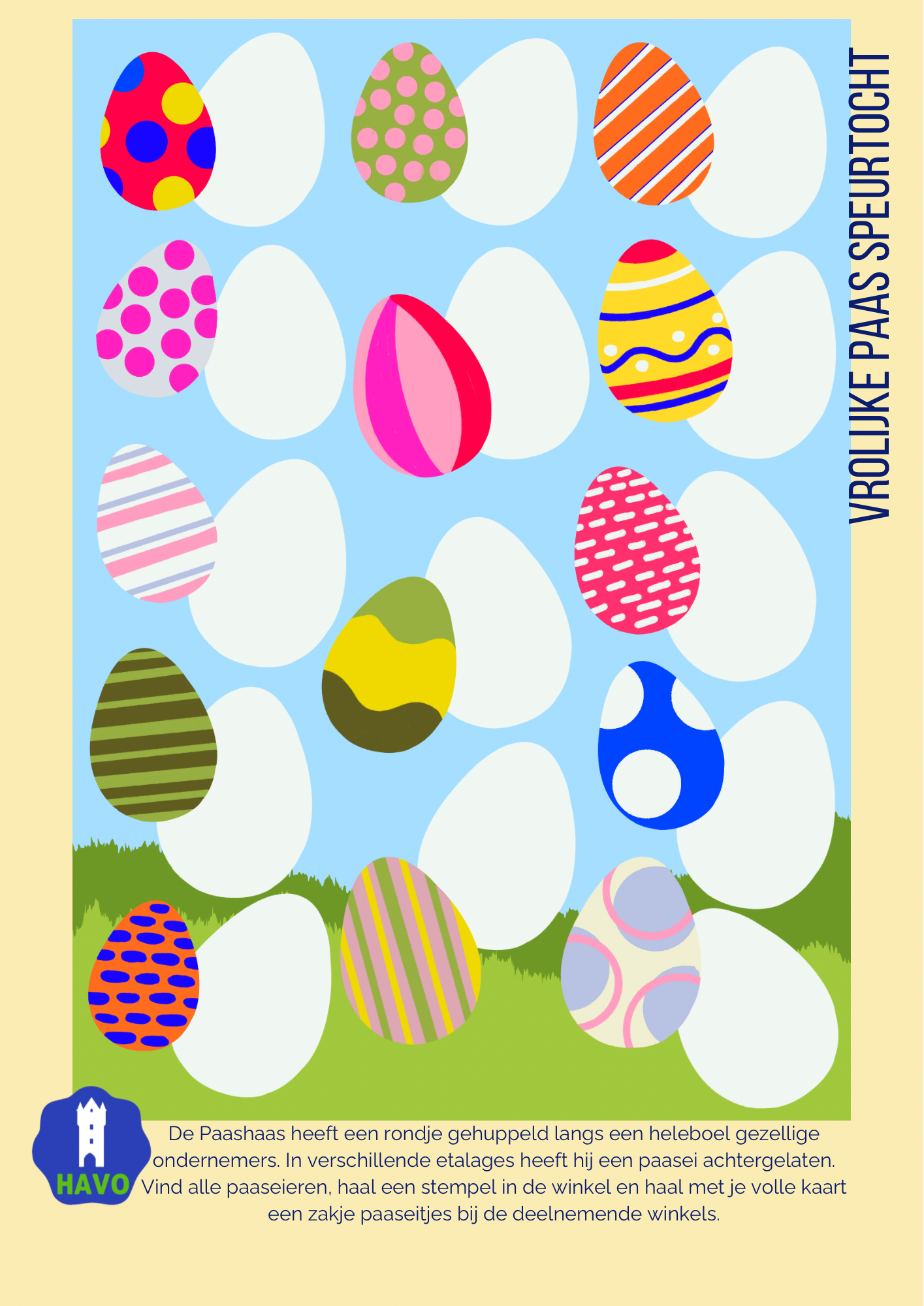 Illustratie  speurkaart  met verschillende kleurrijke paaseieren voor de Paasei Speurtocht