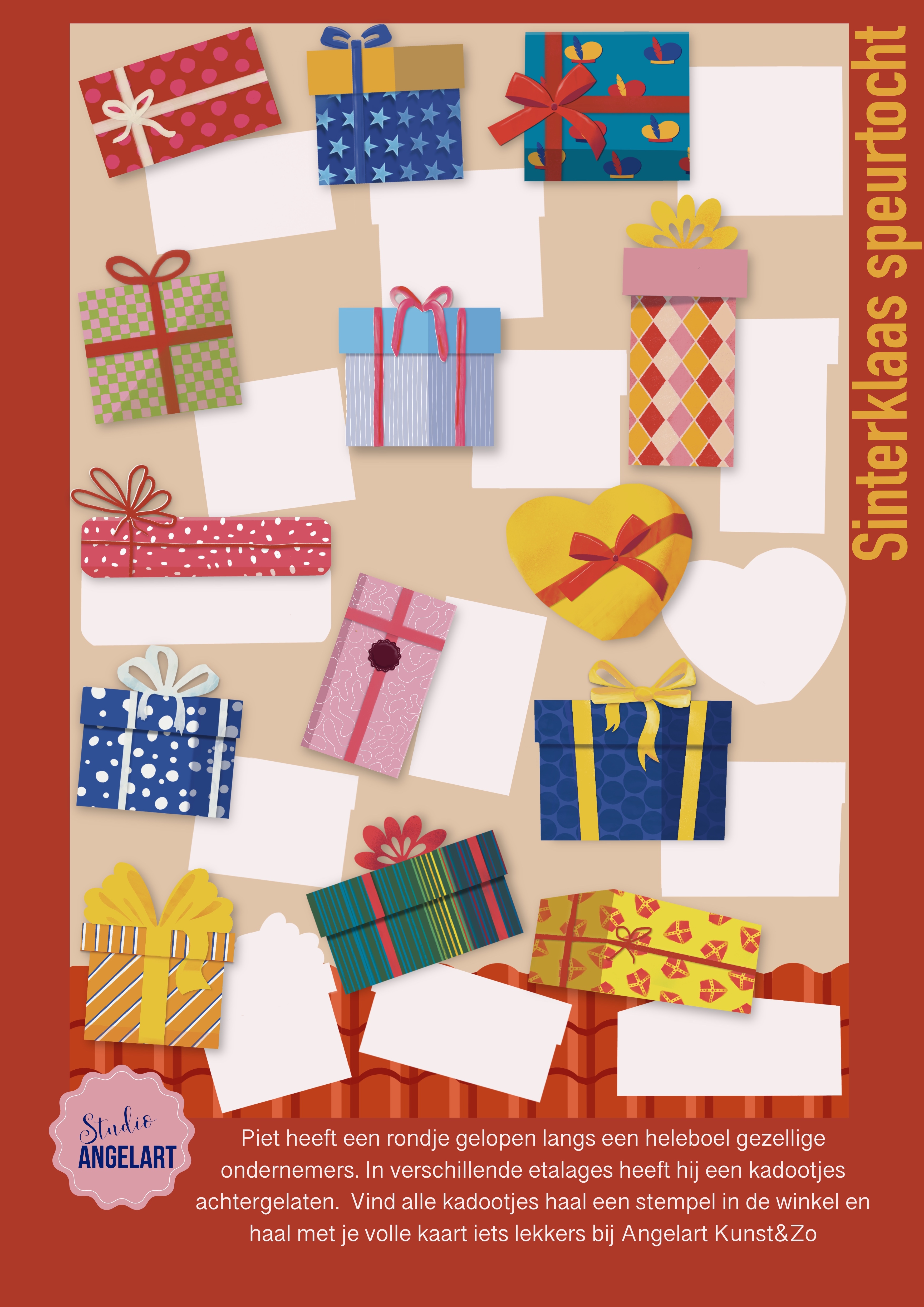 Illustratie van verschillende feestelijke cadeautjes voor de Cadeautjes Speurtocht