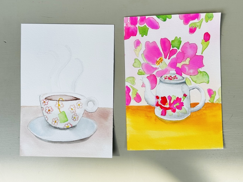 thee kopje en thee pot in aquarelverf maken