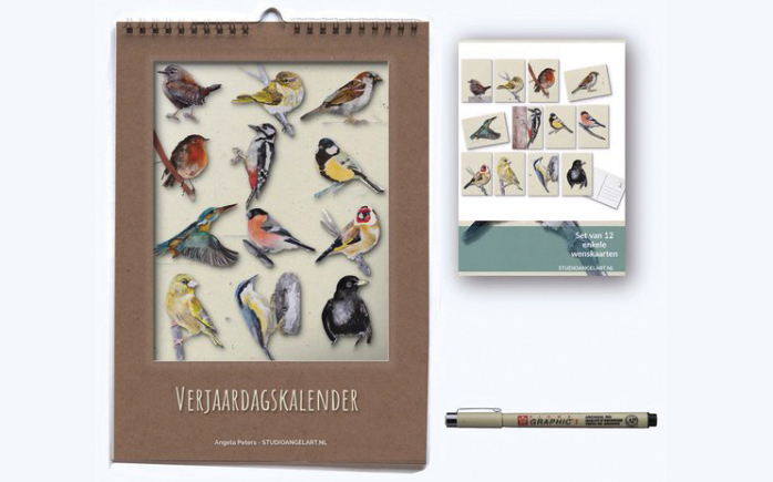 Verjaardagskalender vogels, 12 wenskaarten, pen – cadeauset