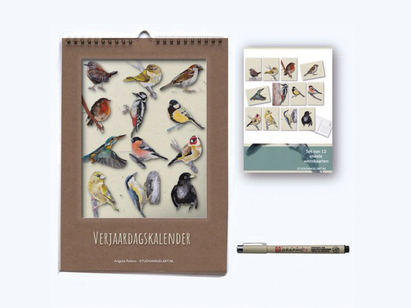 Verjaardagskalender vogels, 12 wenskaarten, pen – cadeauset