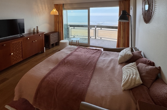 De studio met opengeklapte zetelbed en de zee op de achtergrond