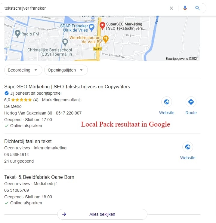 local pack resultaat in Google zoeken. 3 bdrijven worden uitgelicht in lokale zoekresultaten.