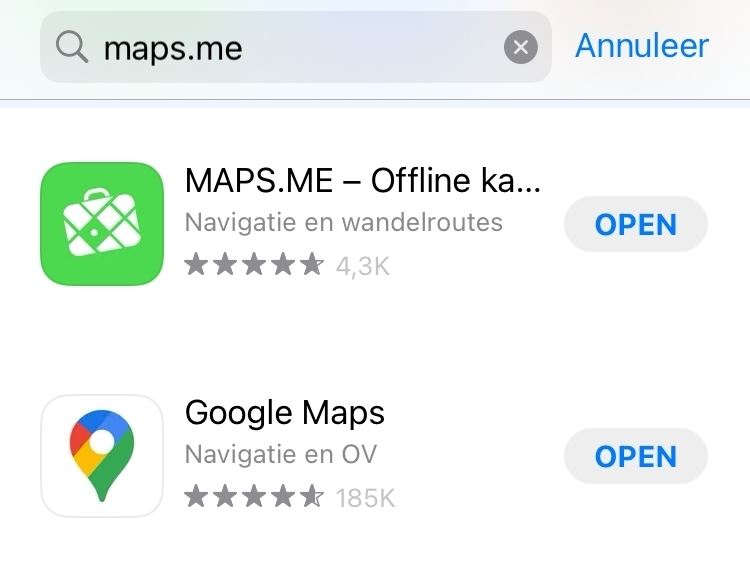 Via de Maps.Me app kun jij navigeren zonder internetverbinding. Dit is erg handig voor toeristen!